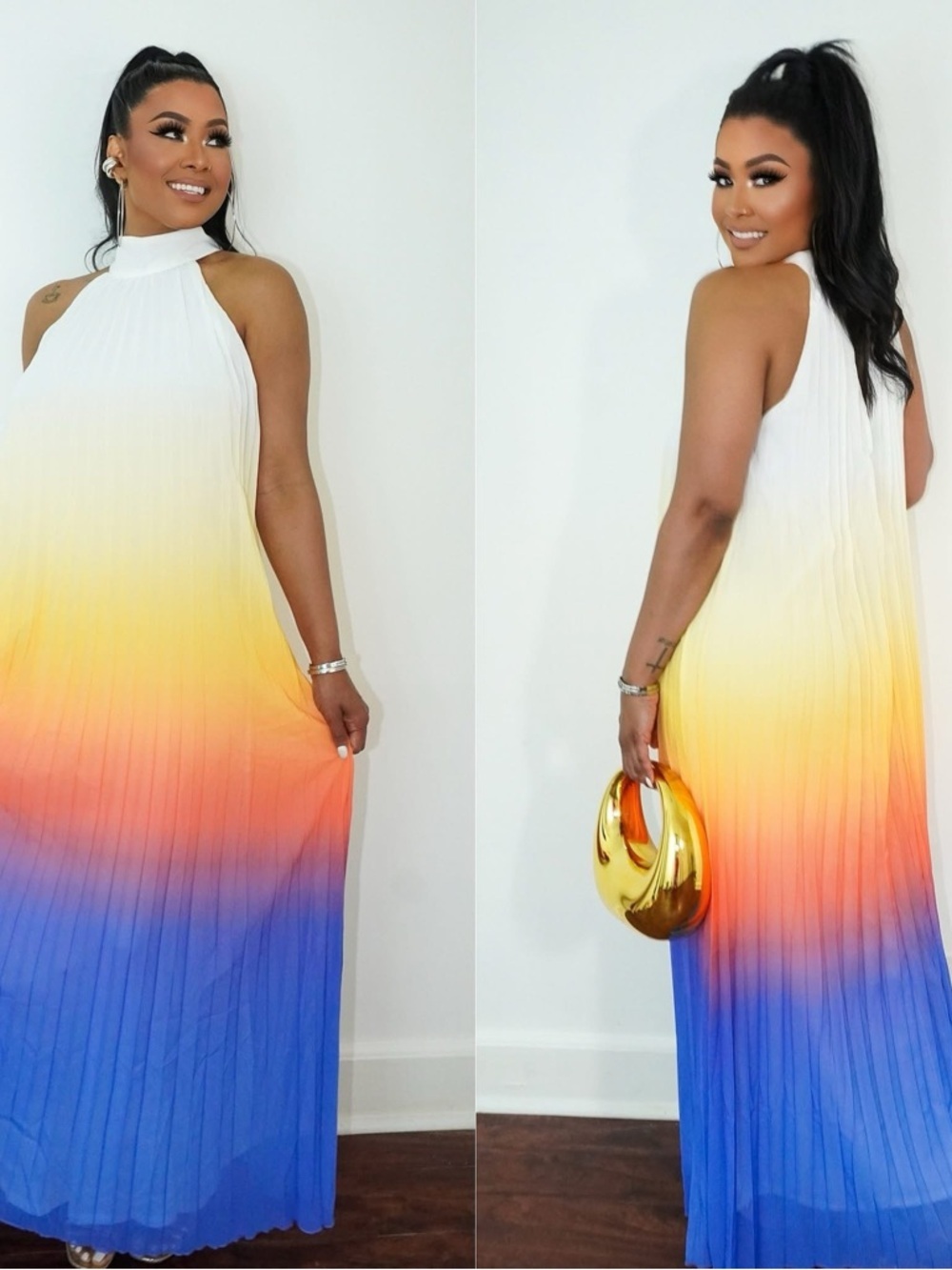 Sleeveless Ombre Halter Maxi Dress in White to Blue